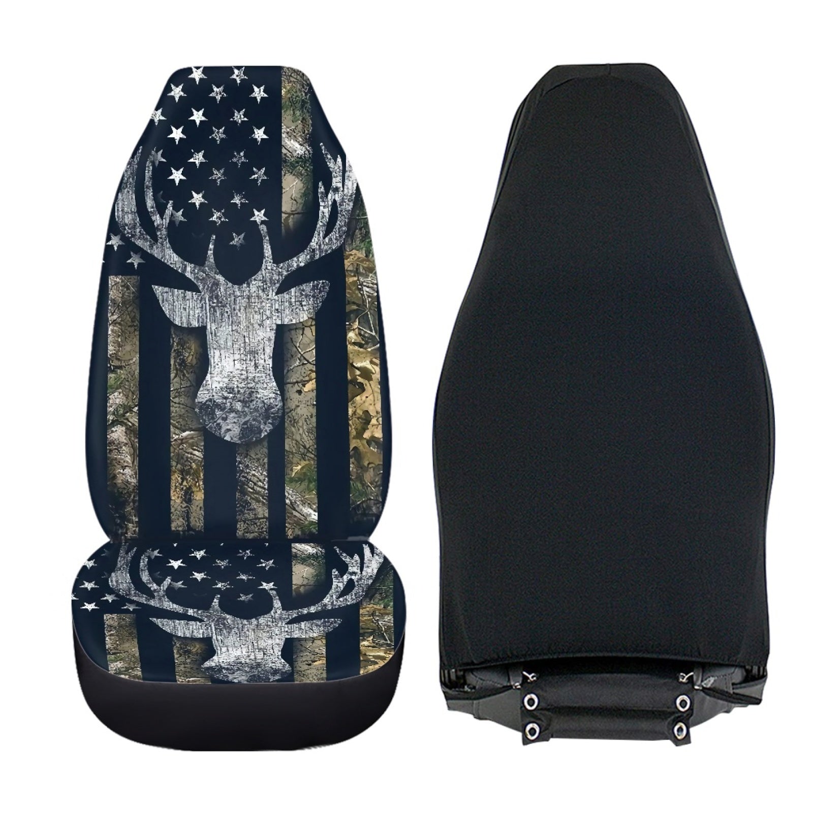 Xoenoiee 2 Piece Car Seat Cover For Women Men， Deer Antler US Flag Camo Print Automotive Seat Covers Front Seats Only， Universal Fit Bucket Car Front Seat Protector Covers