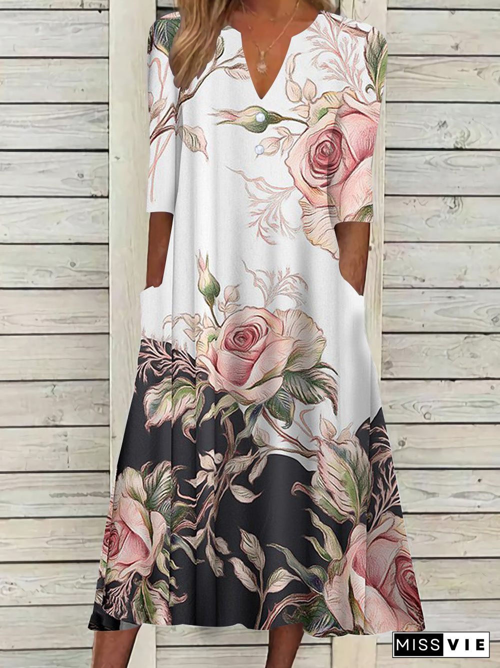 Women's Short Sleeve V-neck Pink Floral Printed Midi Dress