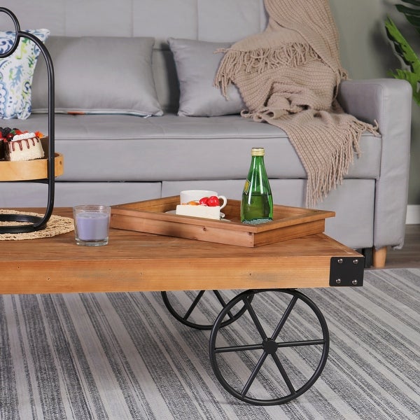 Sophia and William Rustic Coffee Table with Metal Wheels