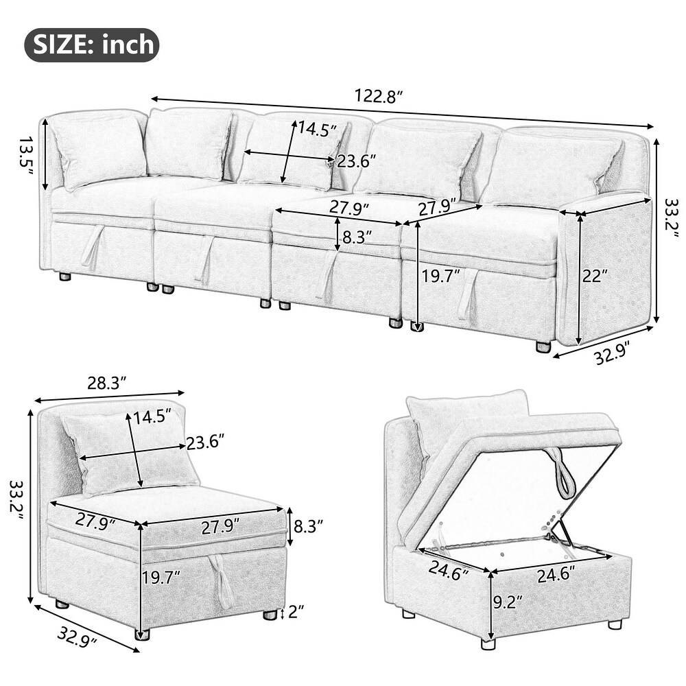 123 inch Convertible Modular Sofa  4 Seater Chenille Fabric Sectional Sofa Built in Storage Couch with Pillows  for Living Room