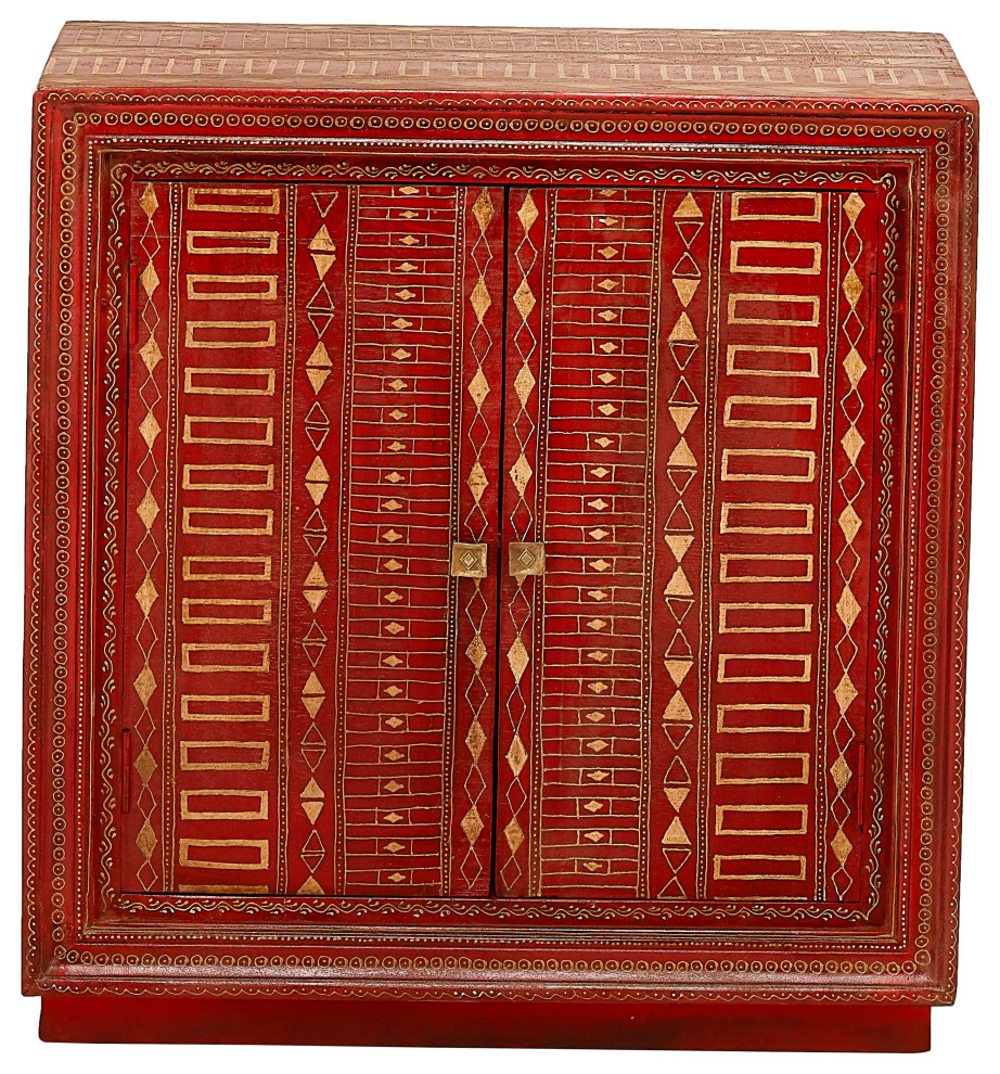 32 quotDistressed Red and Gold Hand Painted Pattern 2 Door Accent Cabinet Arata   Mediterranean   Accent Chests And Cabinets   by Sideboards and Things  Houzz