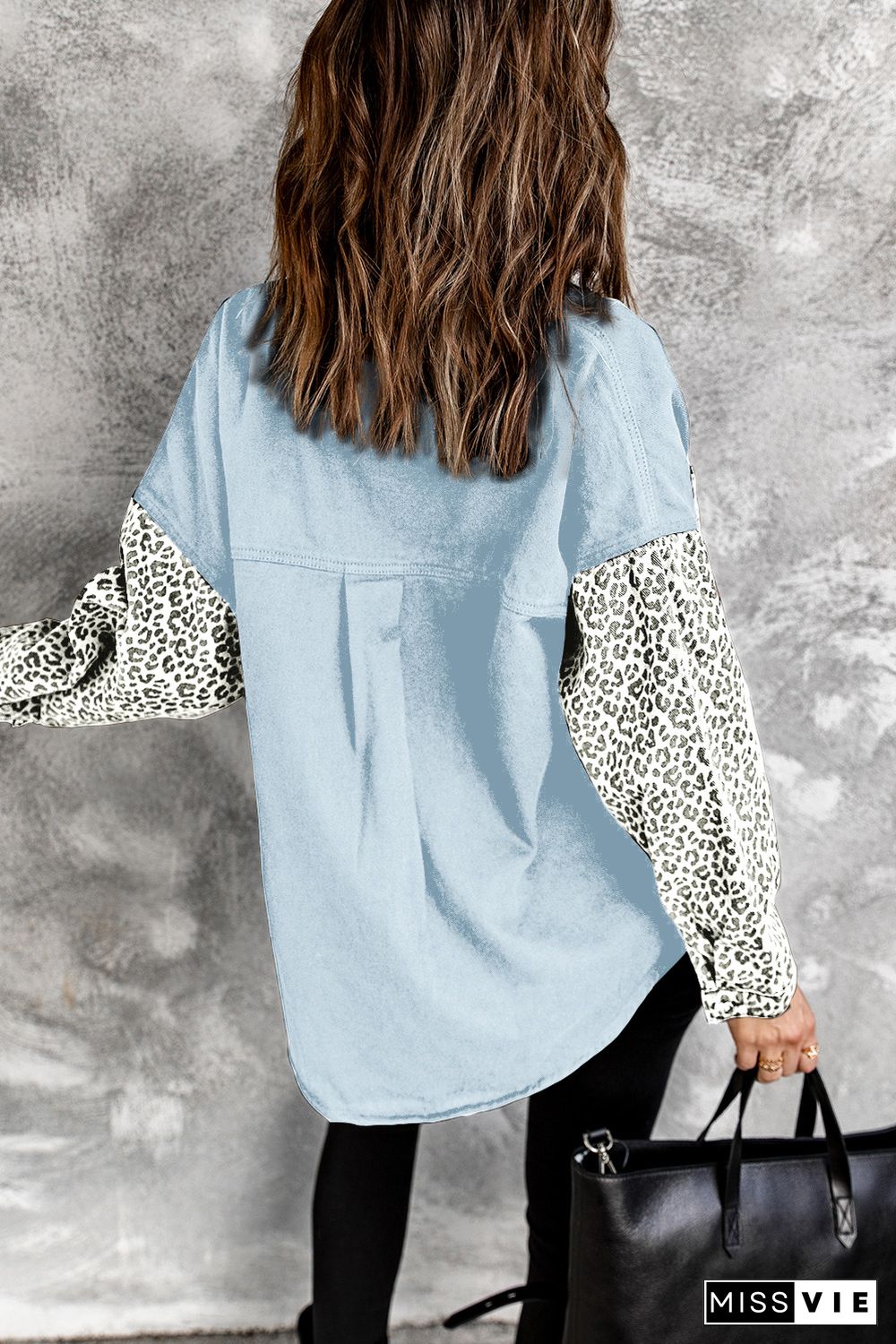 Sky Blue Contrast Leopard Denim Jacket