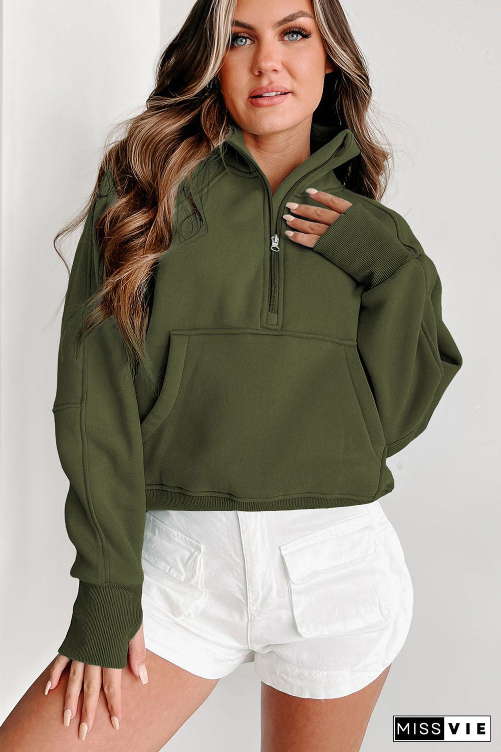 Green Zip Up Stand Collar Ribbed Thumbhole Sleeve Sweatshirt