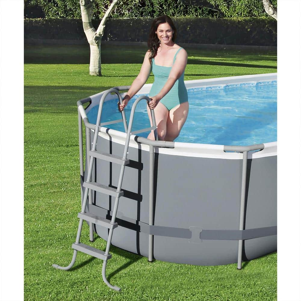 Bestway 18 ft. x 9 ft. Oval 48 in. Deep Metal Frame Above Ground Outdoor Swimming Pool Set 56711E-BW