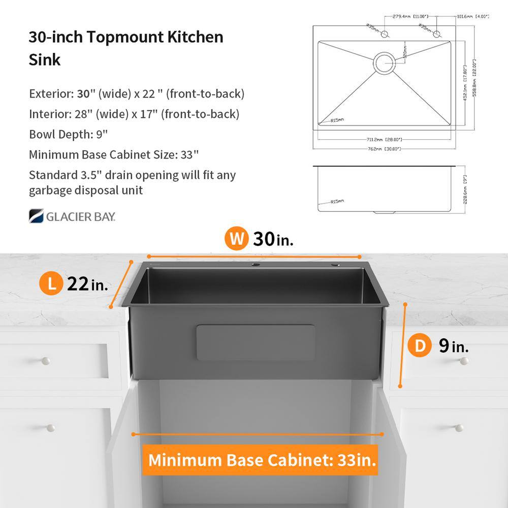 Glacier Bay 30 in. Gunmetal Black Stainless Steel Drop-inUndermount Single Bowl Kitchen Sink with Accessories ACS3022A1T