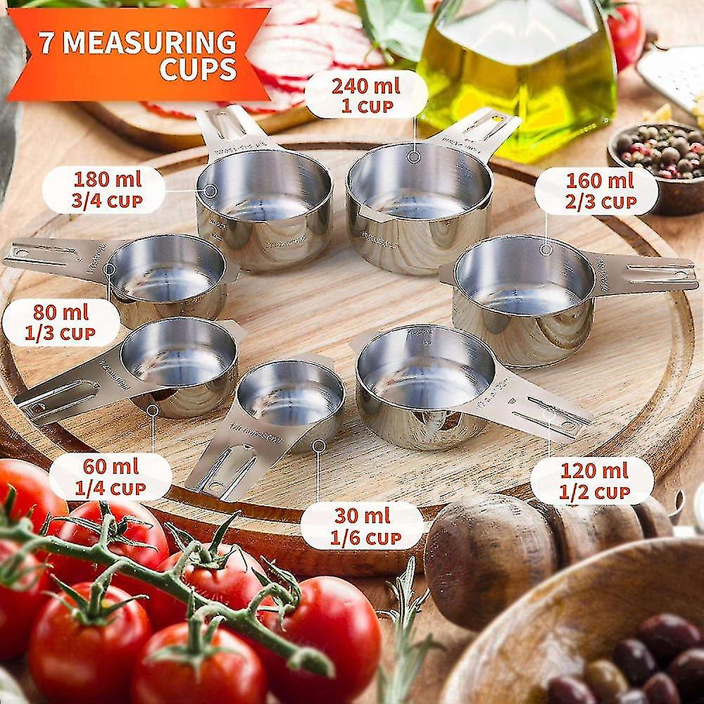 Stainless Steel Measuring Cups And Spoons Set Of 14 Pieces，7 Nesting Cups And 7 Stackable Spoons Pr