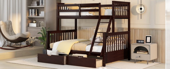 Twin Over Full Bunk Bed with Ladders and Two Stora...