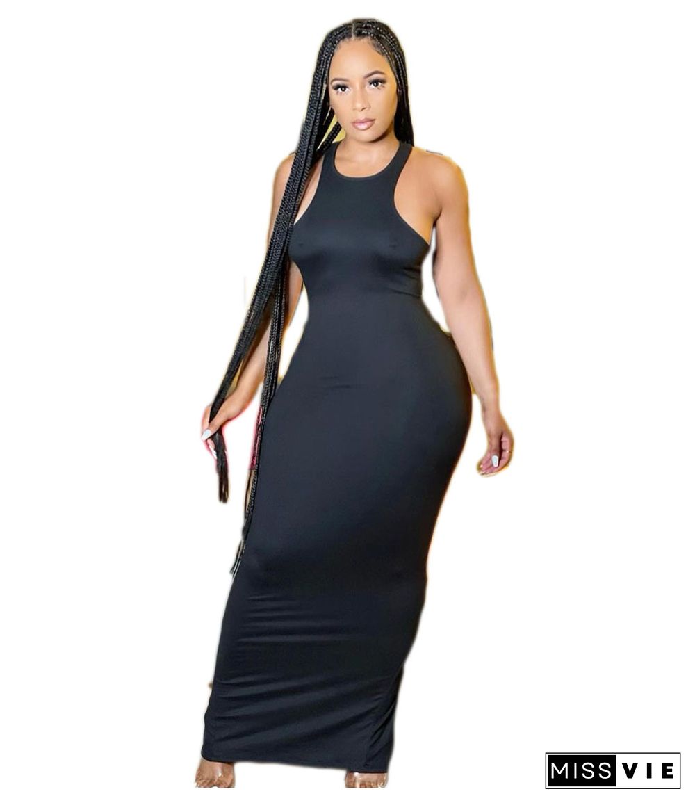 Fashion Solid Color Sleeveless O-Neck High Waist Summer Party Clubwear Outfit Bodycon Long Dress