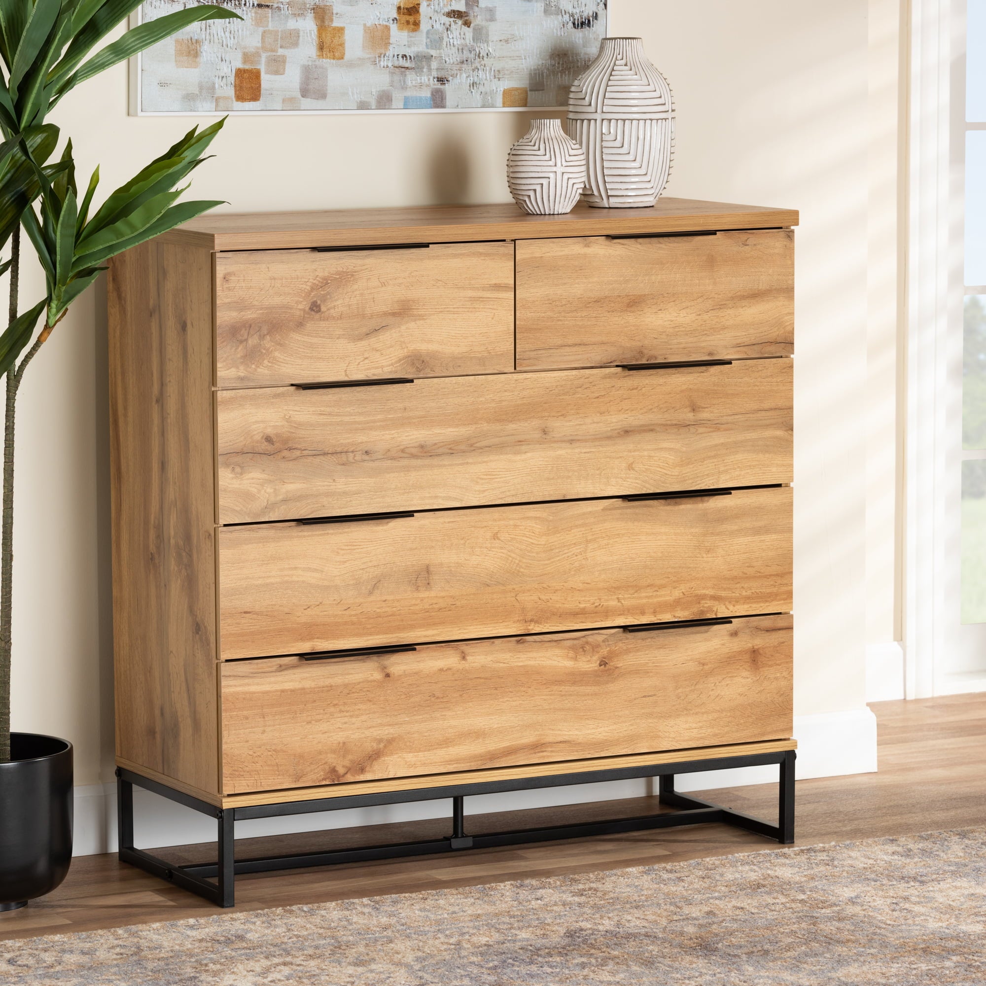 Baxton Studio Franklin Modern and Contemporary Oak Finished Wood and Black Finished Metal 5-Drawer Bedroom Chest