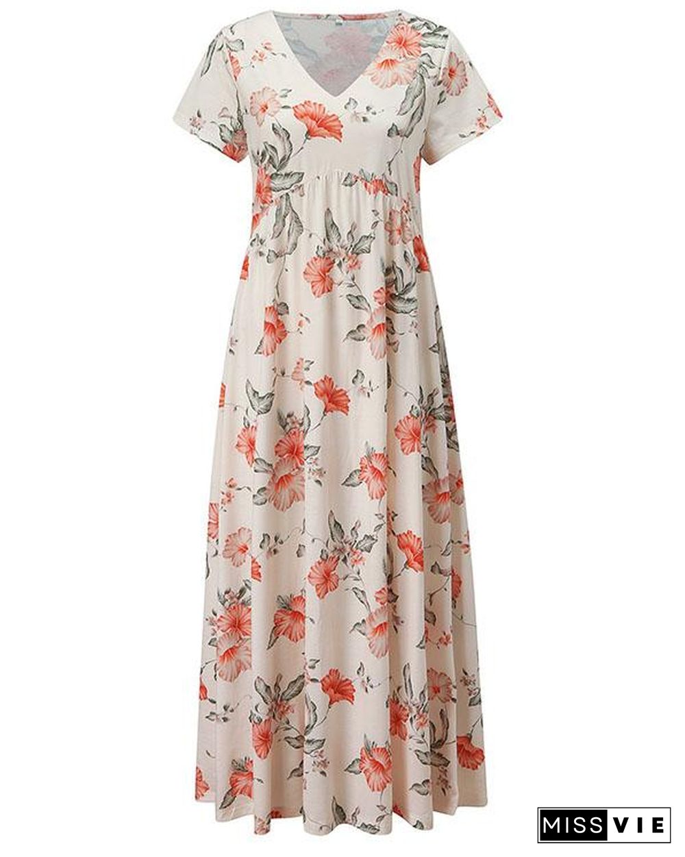 Women Floral Tunic V-Neckline Maxi A-line Dress