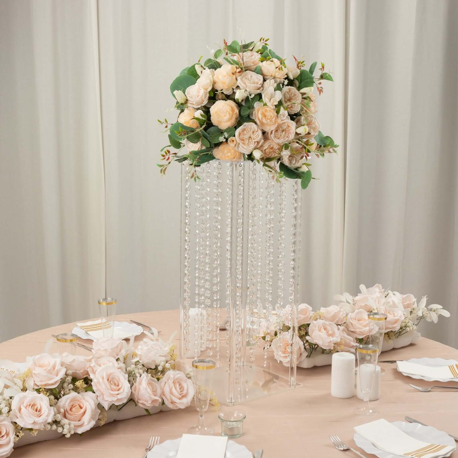 Heavy Duty Acrylic Flower Pedestal Vase with Hanging Crystal Beads, Clear Pillar Stand Wedding Table Centerpieces With Pre-chained Garlands 5mm Thick Plates 24