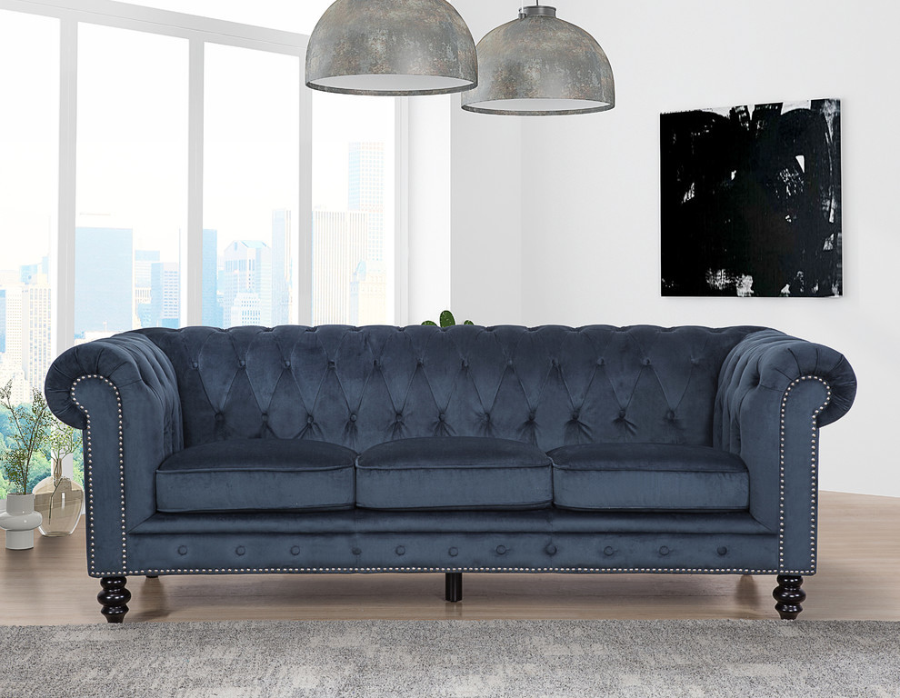 Central Chesterfield 2 Piece Velvet Sofa and Armchair Set  Blue   Traditional   Living Room Furniture Sets   by Abbyson Living  Houzz