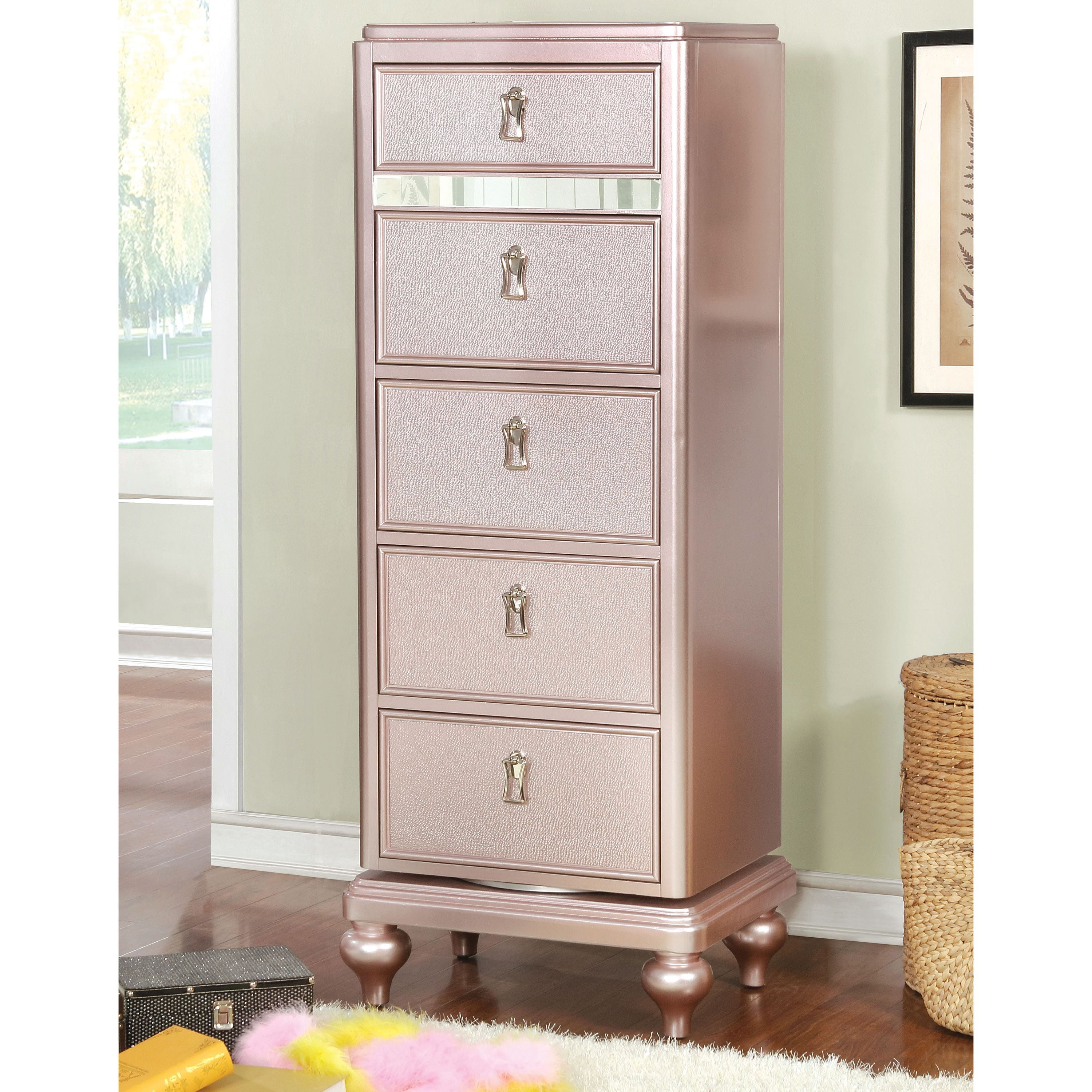 Furniture of America Starnom Transitional 5-Drawer Swivel Chest, Rose Gold