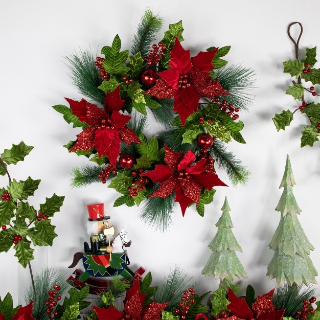 Glittered Red Poinsettia And Long Pine Christmas Wreath Unlit