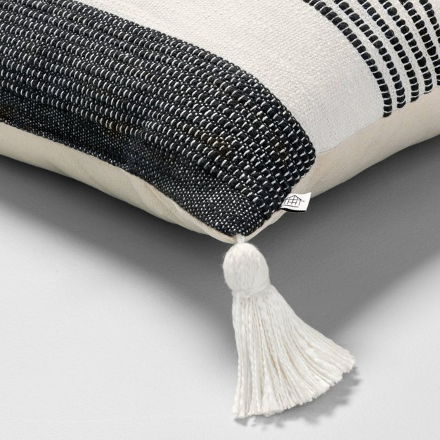 Center Stripes Tassel Throw Pillow Dark Gray cream With Magnolia