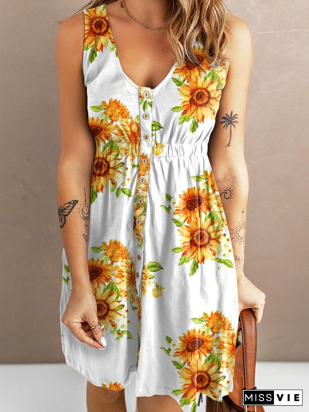 Women's Floral Printed Sleeveless V-neck Casual Loosen Midi Dress