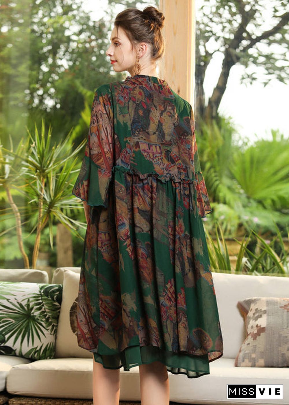 Chic Green Print Ruffled Cross Strap Chiffon Dress Flare Sleeve