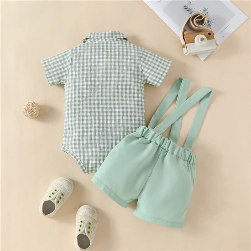 Toddler Clothes Infant Baby Clothing Boys Gentleman Outfit Plaid Short Sleeve Jumpsuit and Casual Stretch Suspender Shorts Set