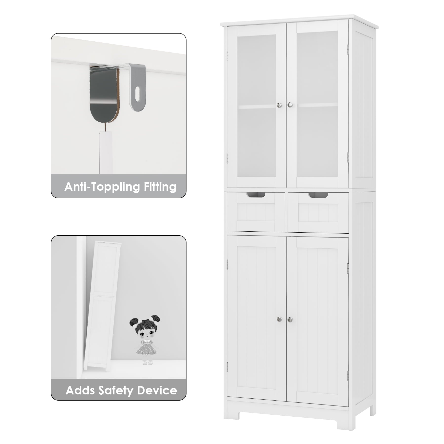 Homfa 4 Doors Linen Storage Cabinet, 3-Tier Wood Tall Cabinet Cupboard with 2 Drawers for Living Room Bathroom, White