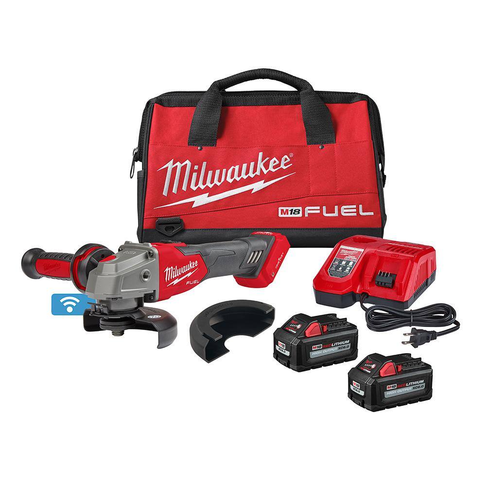 MW M18 FUEL 18V Lithium-Ion Brushless Cordless 4-12 in.5 in. Braking Grinder Kit wSlide Switch and Two 6.0 Batteries 2883-22