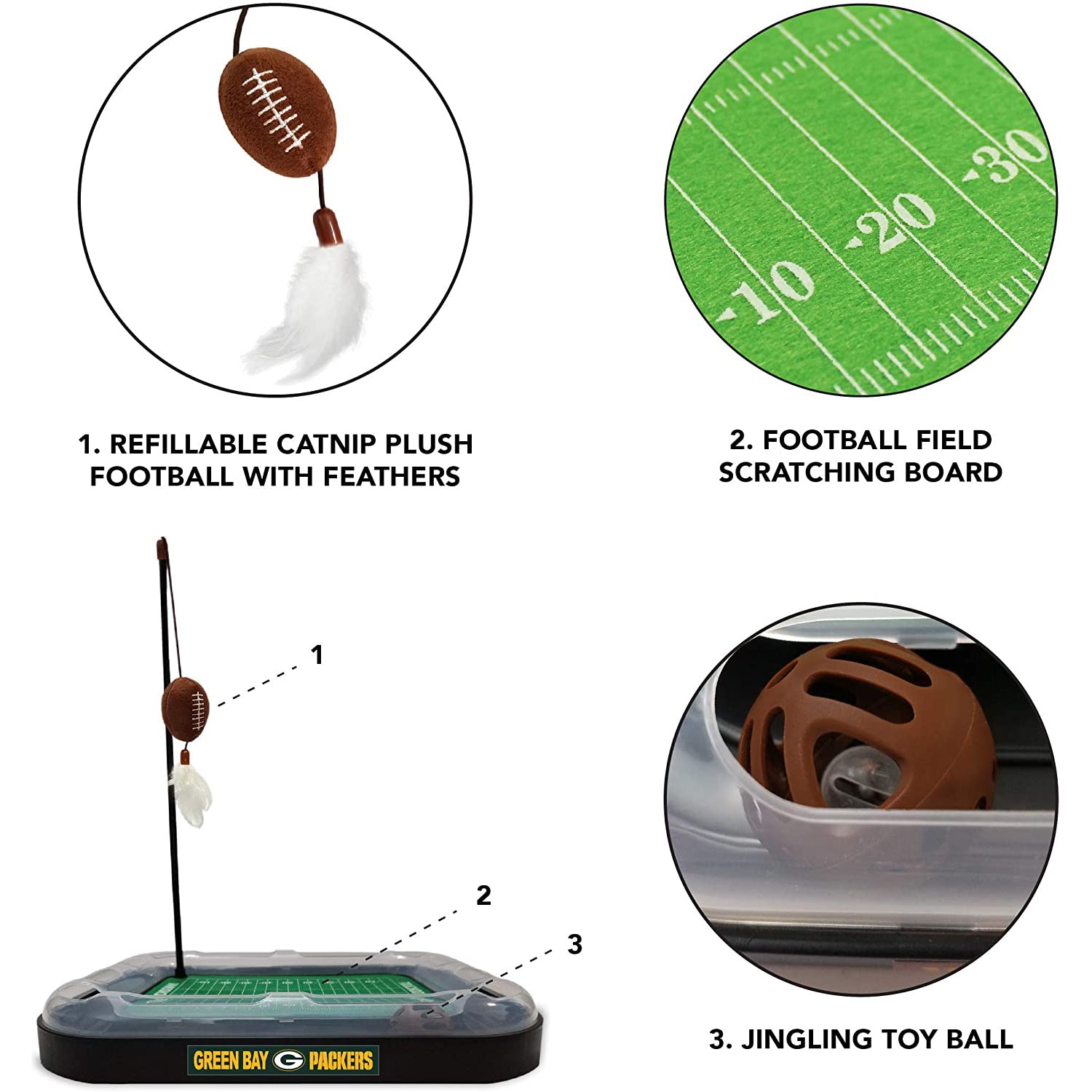 NFL Green Bay Packers CAT Scratcher Toy with Catnip Plush and Feather Cat and Kitty Toy