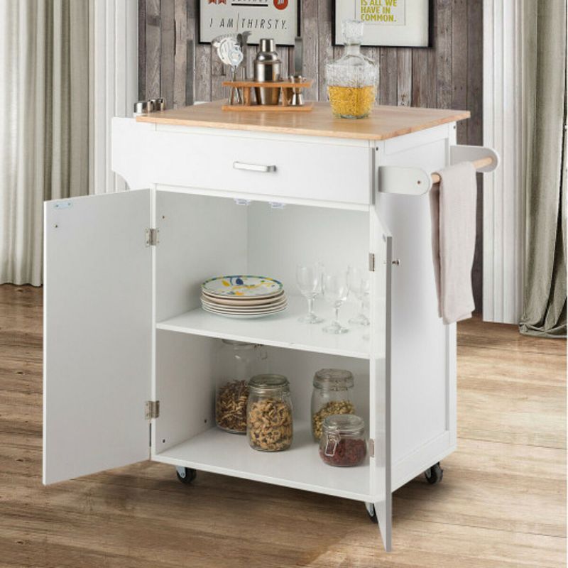 Rolling Kitchen Island Cart Storage Cabinet With Spice Rack-white