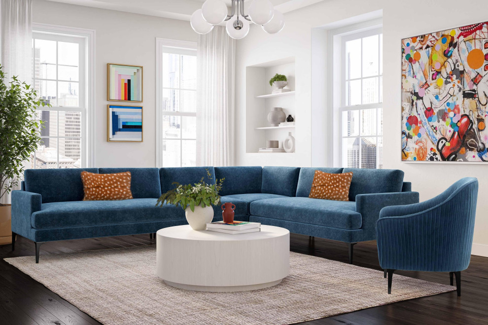 Serena Blue Velvet Large L Sectional With Black Legs   Midcentury   Sectional Sofas   by First of a Kind USA Inc  Houzz