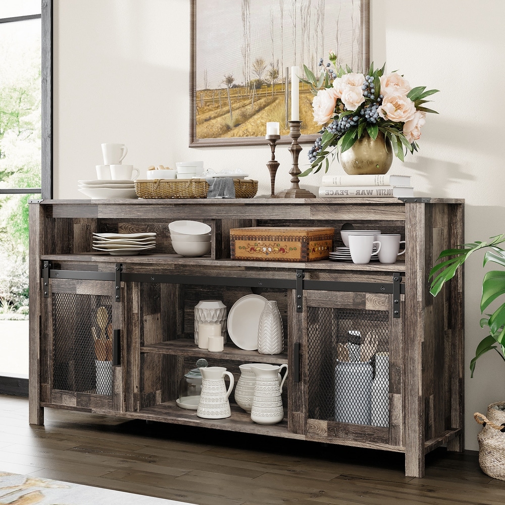 Farmhouse Coffee Bar Table with Sliding Barn Doors for Kitchen  59\