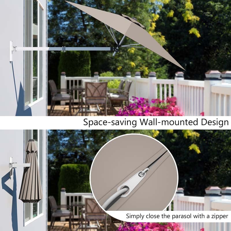 8 FT Patio Wall Mounted Umbrella with Adjustable Pole, Outdoor Tilting Sunshade Umbrella with Wind Vent