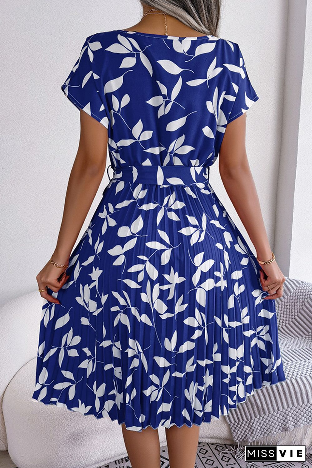 Leaf Print Pleated Midi Dress With Sash