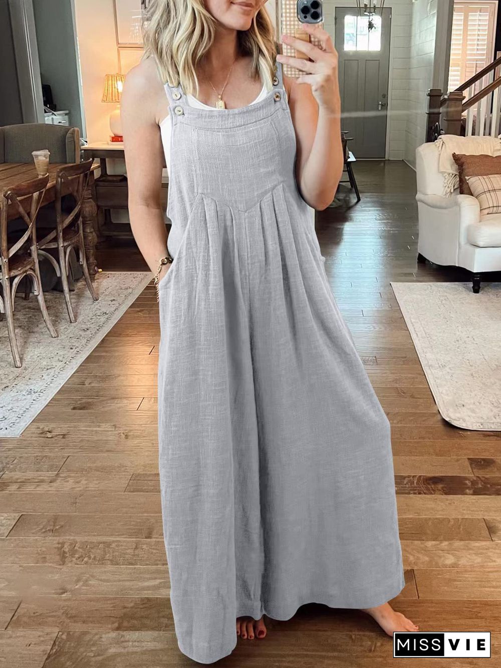 Women's Cotton Linen Sleeveless U-neck Colorful Solid Color Overalls Jumpsuit