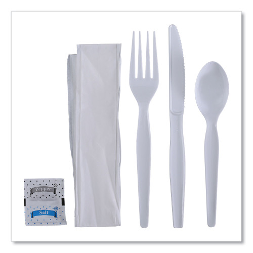 Boardwalk Six-Piece Cutlery Kit， Condiment/Fork/Knife/Napkin/Spoon， Heavyweight， White， 250/Carton (FKTNSHWPSWH)