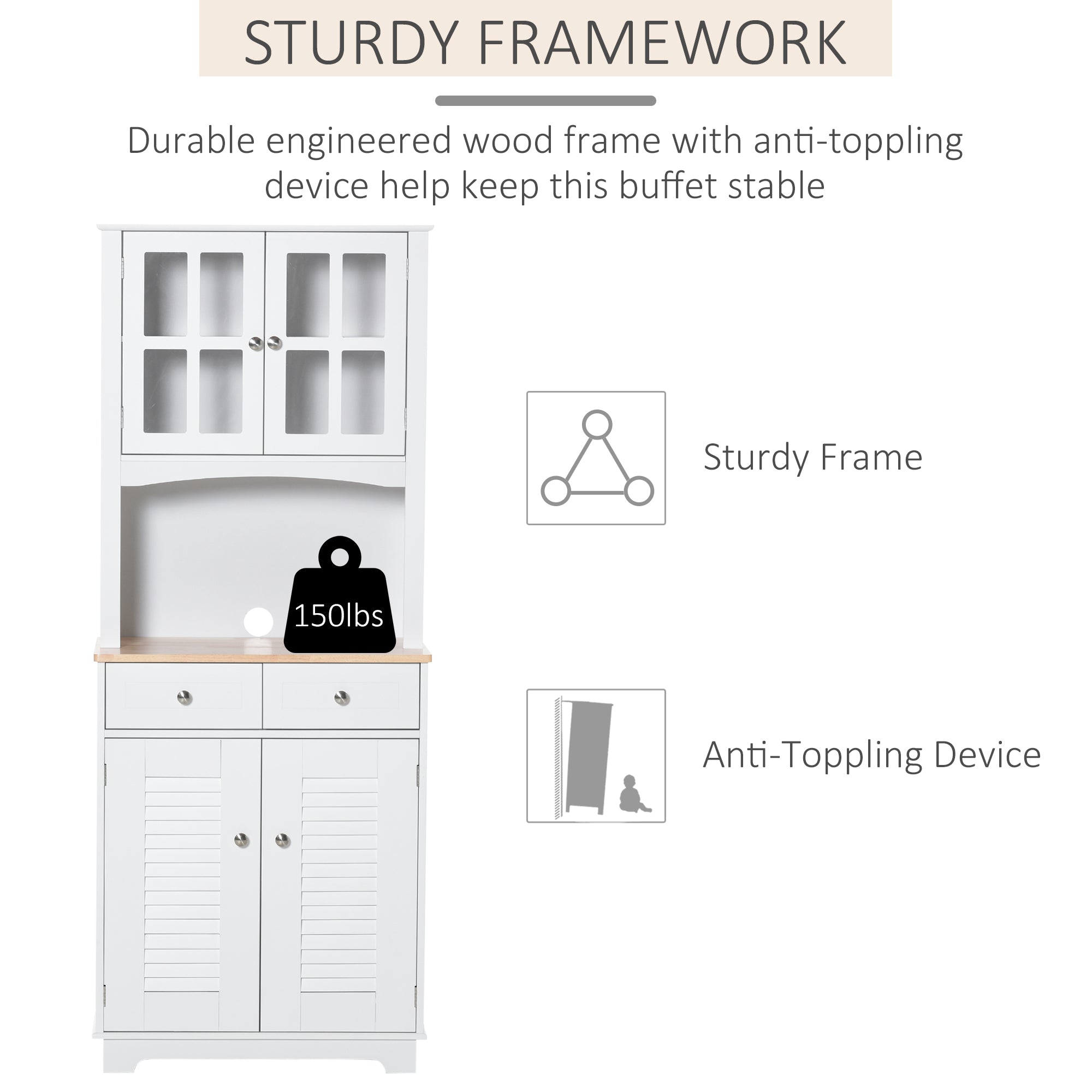 HOMCOM Coastal Kitchen Buffet and Hutch Wooden Cabinet for Dining Room， White