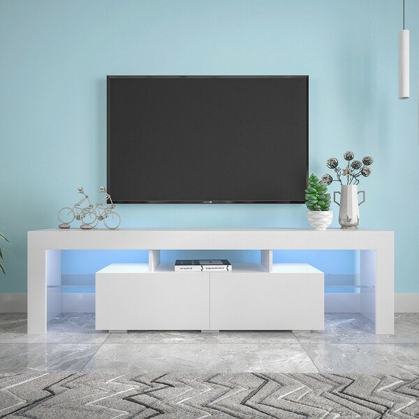 63''L Remote Control RGB LED Lights White TV Stand with 2 Storage Drawers， 3 Wood Shelf and 2 Side Glass Shelf (up to 70'')