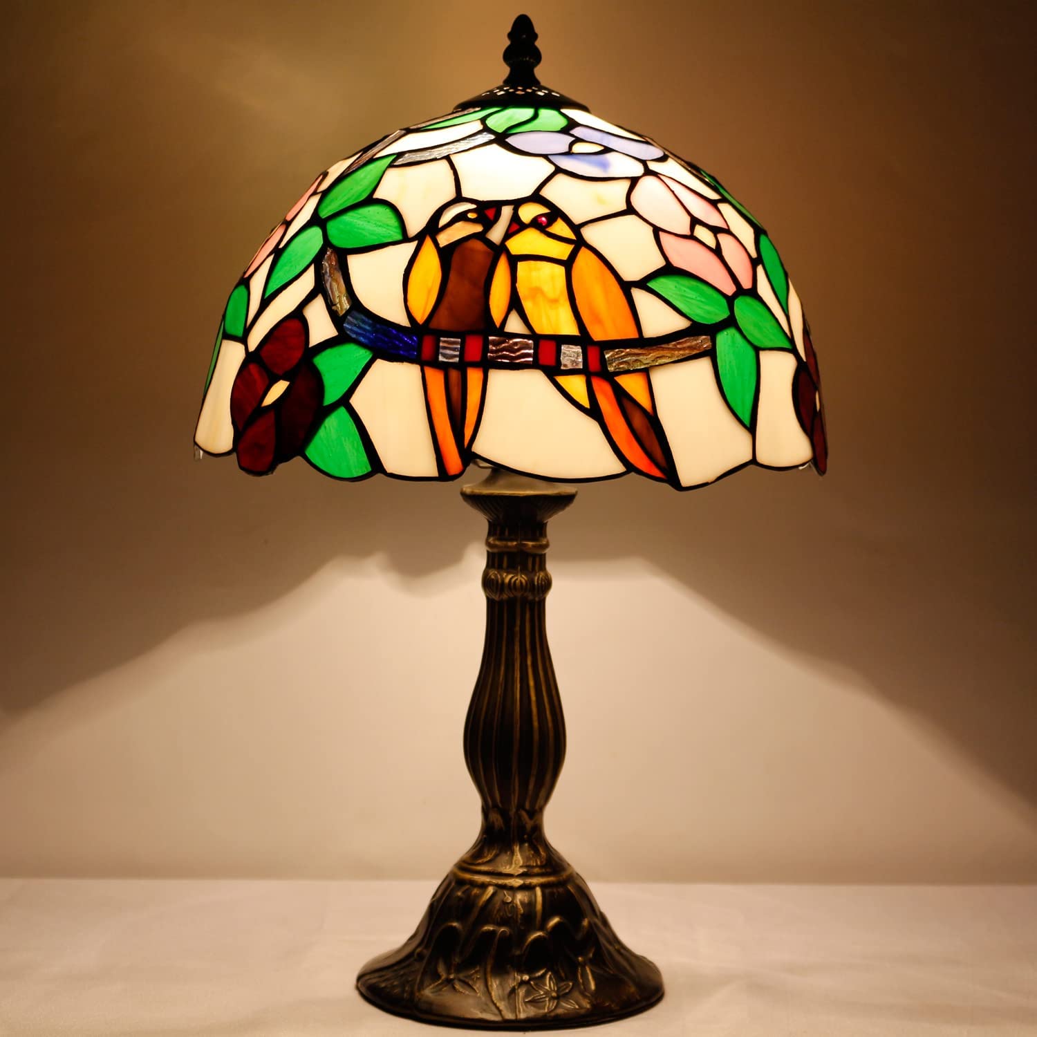 SHADY Tiffany Table Lamp Stained Glass Bedside Lamp Double Tropical Birds Desk Reading Light 12X12X18 Inches Decor Bedroom Living Room Home Office S803 Series