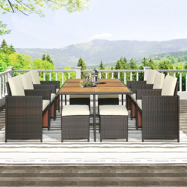 11-Piece Patio All-Weather Outdoor PE Wicker Upholstered Dining Table Set with Wood Tabletop and Foldable Dining Chair - Overstock - 37503710