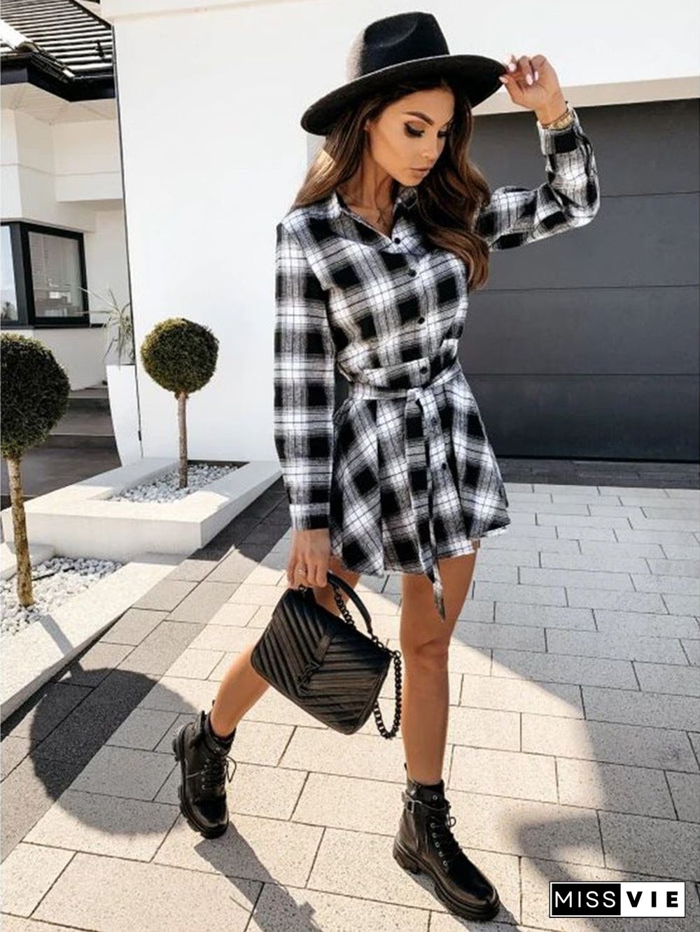 Autumn and Winter Fashion Sexy Printed Shirt Plaid Dress Skirt