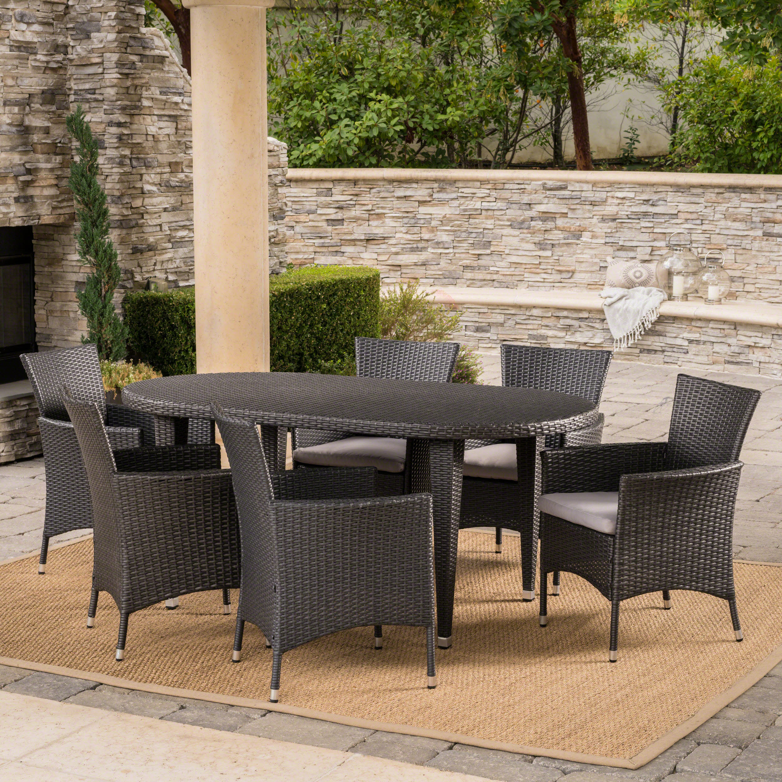 Vineland Outdoor 7 Piece Gray Wicker Oval Dining Set with Silver Water Resistant Cushions