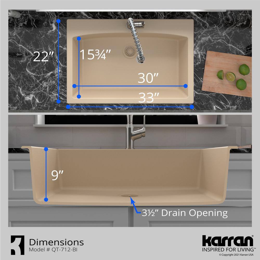 Karran QT-712 QuartzGranite 33 in. Single Bowl Top Mount Drop-In Kitchen Sink in Bisque with Bottom Grid and Strainer QT-712-BI-PK1