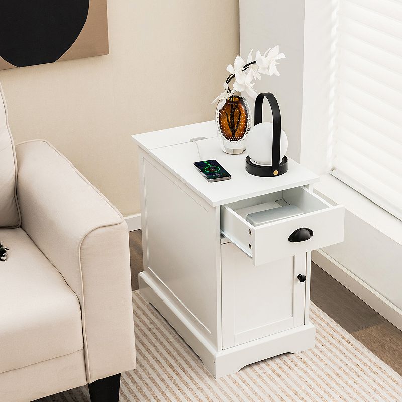 End Table with Charging Station and Flip Top-White