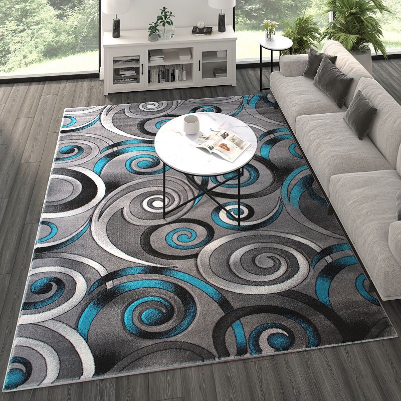 Masada Rugs Masada Rugs DaVincii Collection Turquoise 8'x10' Contemporary Woven Area Rug with Hand Carved Overlapping Swirls - Design D414