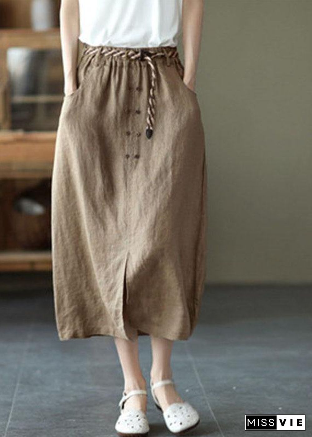 Khaki Asymmetrical Design Patchwork Summer Ramie A Line Skirt