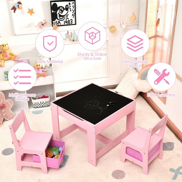 Costway 3 In 1 Kids Wood Table Chairs Set W Storage Box Blackboard Drawing Pink