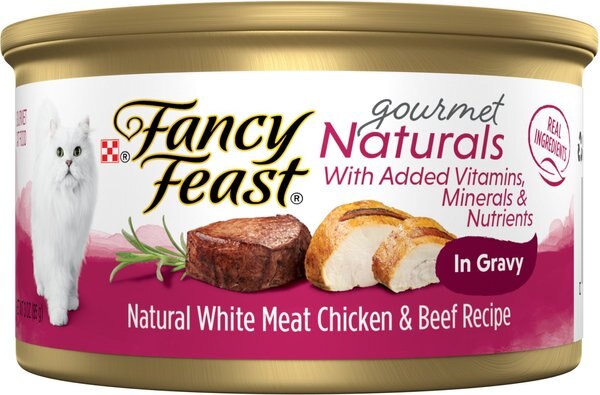 Fancy Feast Gourmet Naturals Natural White Meat Chicken and Beef Recipe In Gravy Canned Cat Food， 3-oz can， case of 12