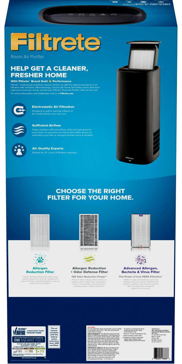 Filtrete by 3M Air Purifier， Large Room Tower， 290 Sq gt Coverage， Black， TRUE HEPA Filter Included