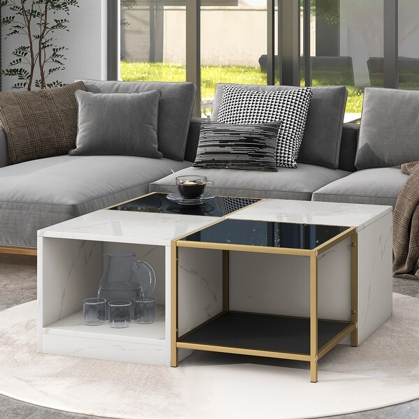 2-layer High Gloss White Marble Finish Coffee Table with Metal Frame