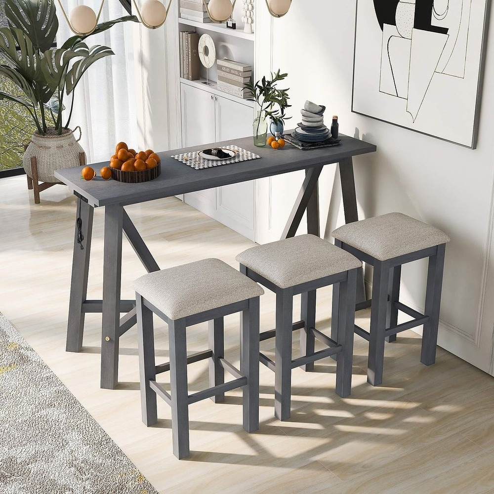 Multipurpose Home Kitchen Dining Bar Table Set with 3 Upholstered Stools