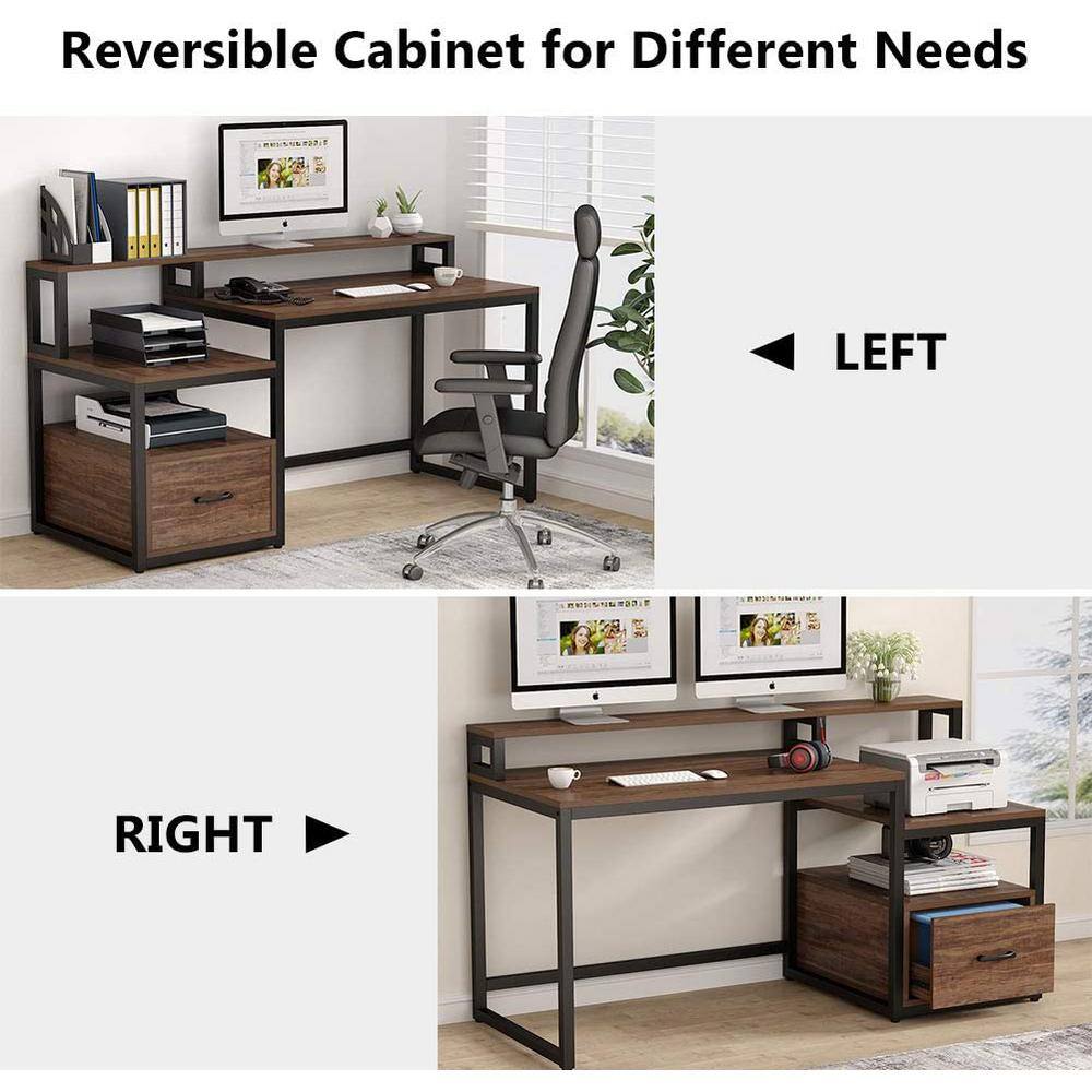 TRIBESIGNS WAY TO ORIGIN Halseey 59 in. Rectangular Brown Particle Board One Drawer Reversible Computer Desk with Monitor Stand and Storage Shelf TH-AL1573