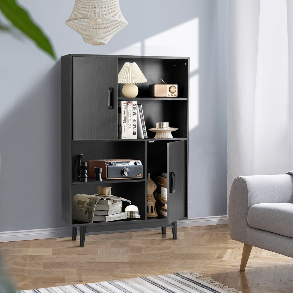 4 Tier Bookshelf Storage Cabinet Floor Cabinet with Doors Shelves