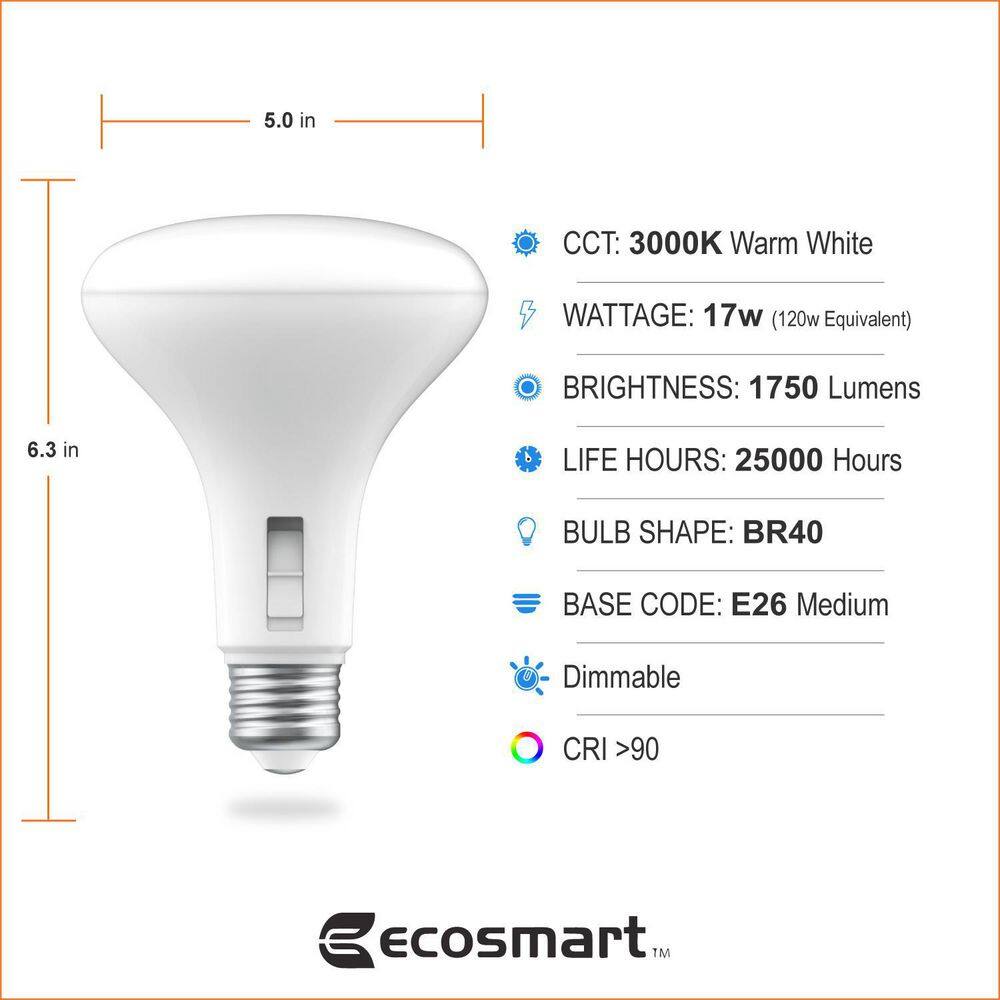 EcoSmart 120-Watt Equivalent BR40 Flood Energy Star Dimmable CEC LED Light Bulb Bright White (2-Pack) FG-04306